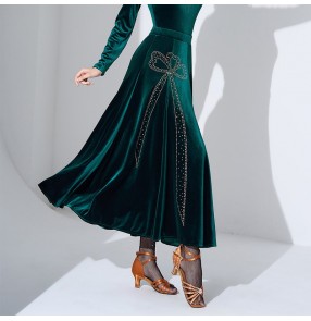 Women dark green royal blue red velvet ballroom dance skirts modern dance stage performance waltz tango rhythm foxtrot dancing long swing skirts